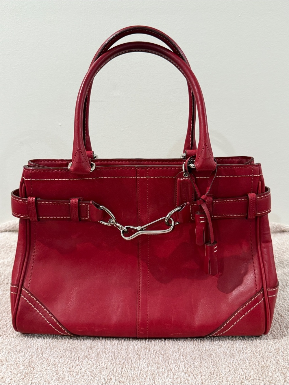 Coach Red Leather Shoulder Tote with Polished Hardware
